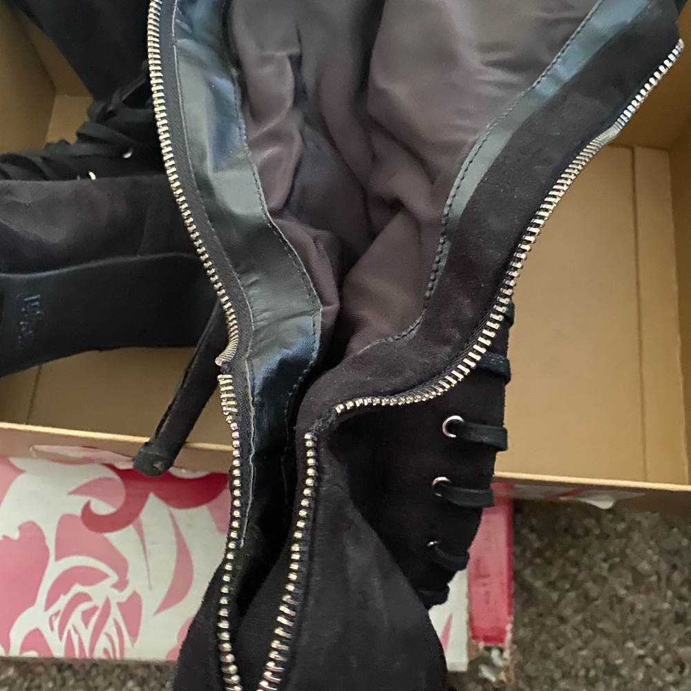 Black thigh high lace up zip up open toe boots